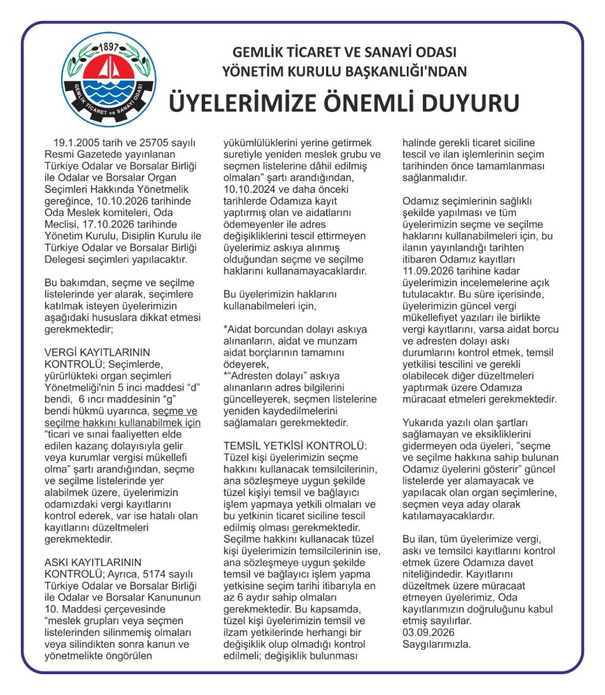 GEMLİK TİCARET VE SANAYİ ODASI YÖNETİM KURULU BAŞKANLIĞI’NDAN ÜYELERİMİZE ÖNEMLİ DUYURU