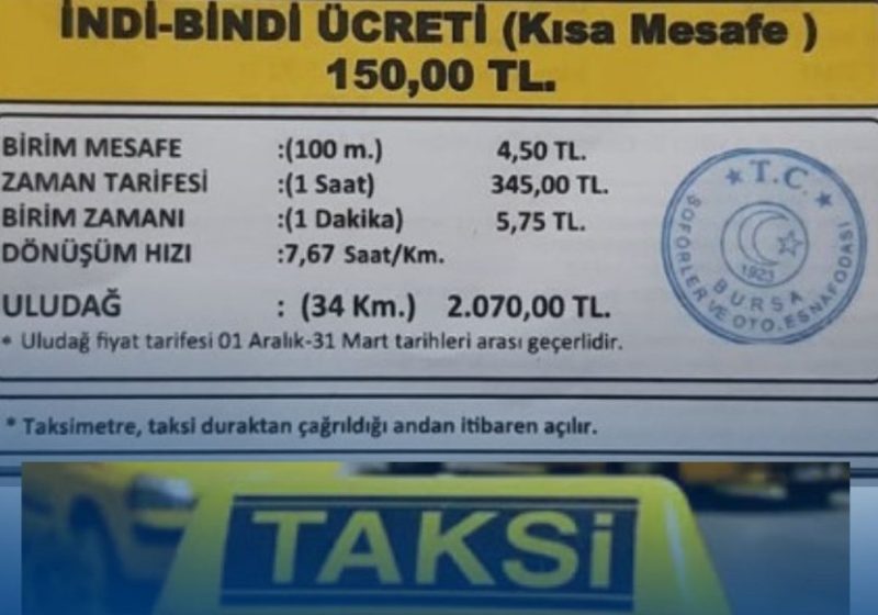 Bursa’da Taksi Ücretlerine Yeni Tarife Açılış 52 TL, İndi-Bindi 150 TL