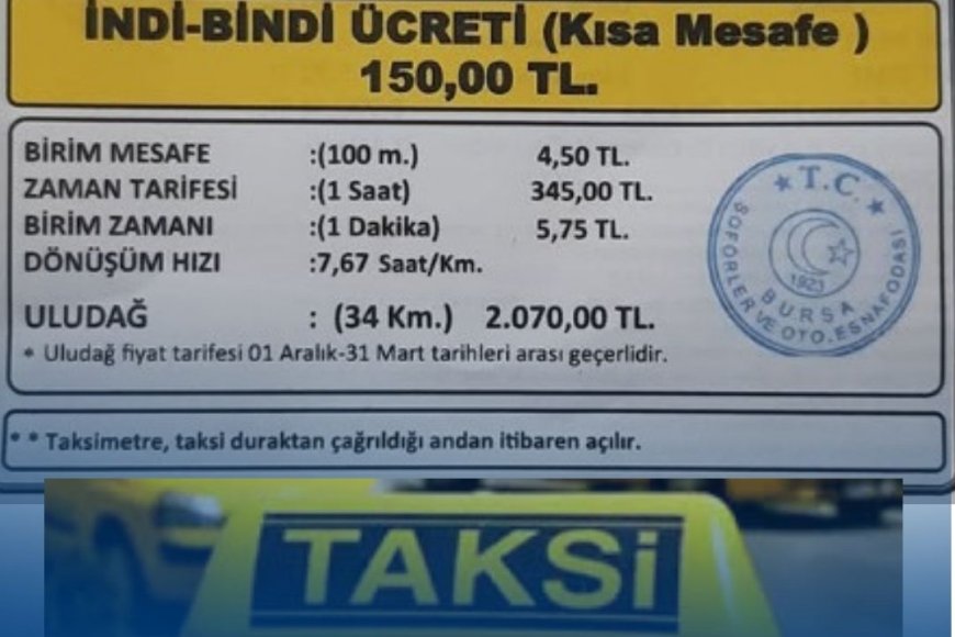 Bursa’da Taksi Ücretlerine Yeni Tarife Açılış 52 TL, İndi-Bindi 150 TL